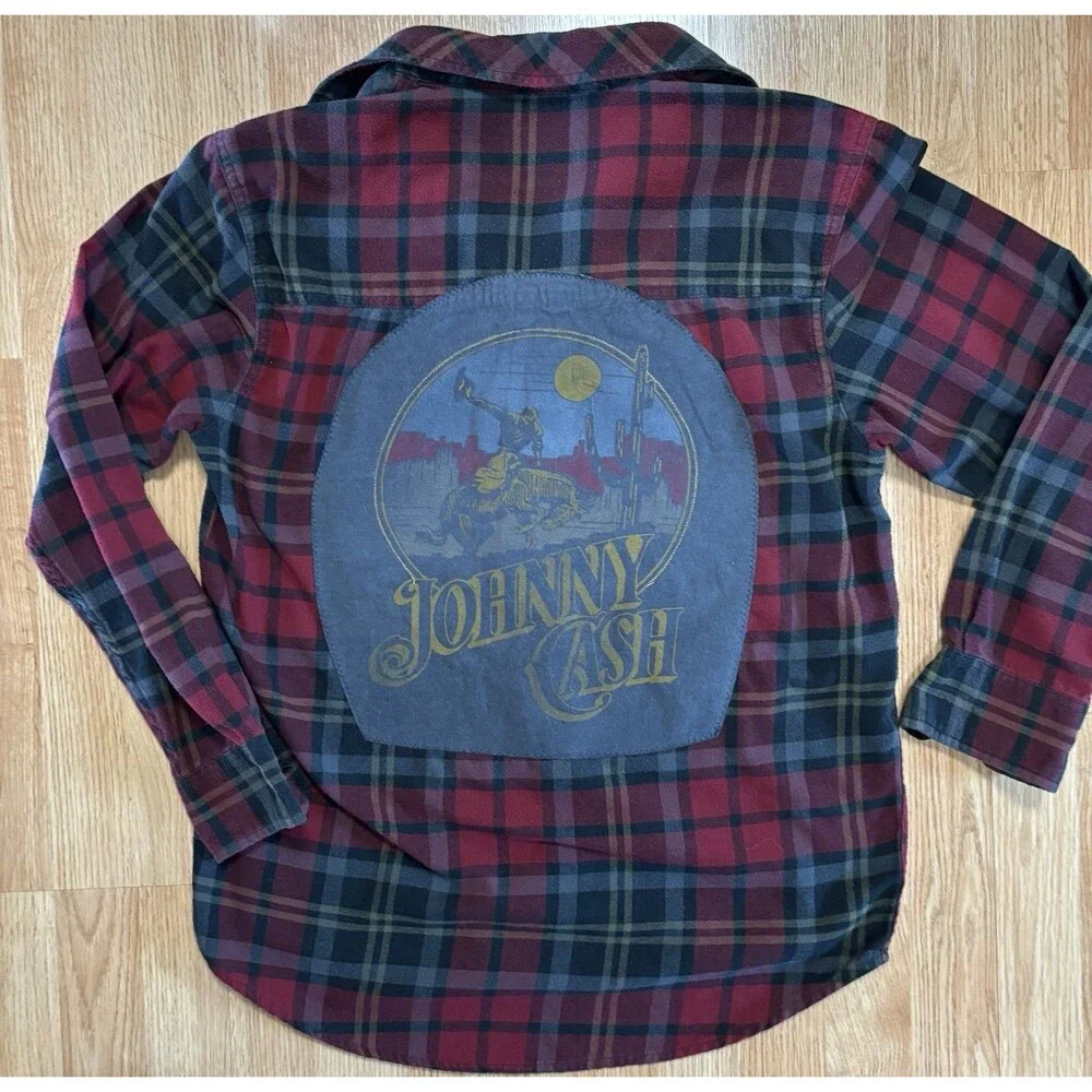 Johnny Cash Upcycled Flannel Shirt Unisex Size Mens Medium Long Sleeve Buttonup - Picture 7 of 8